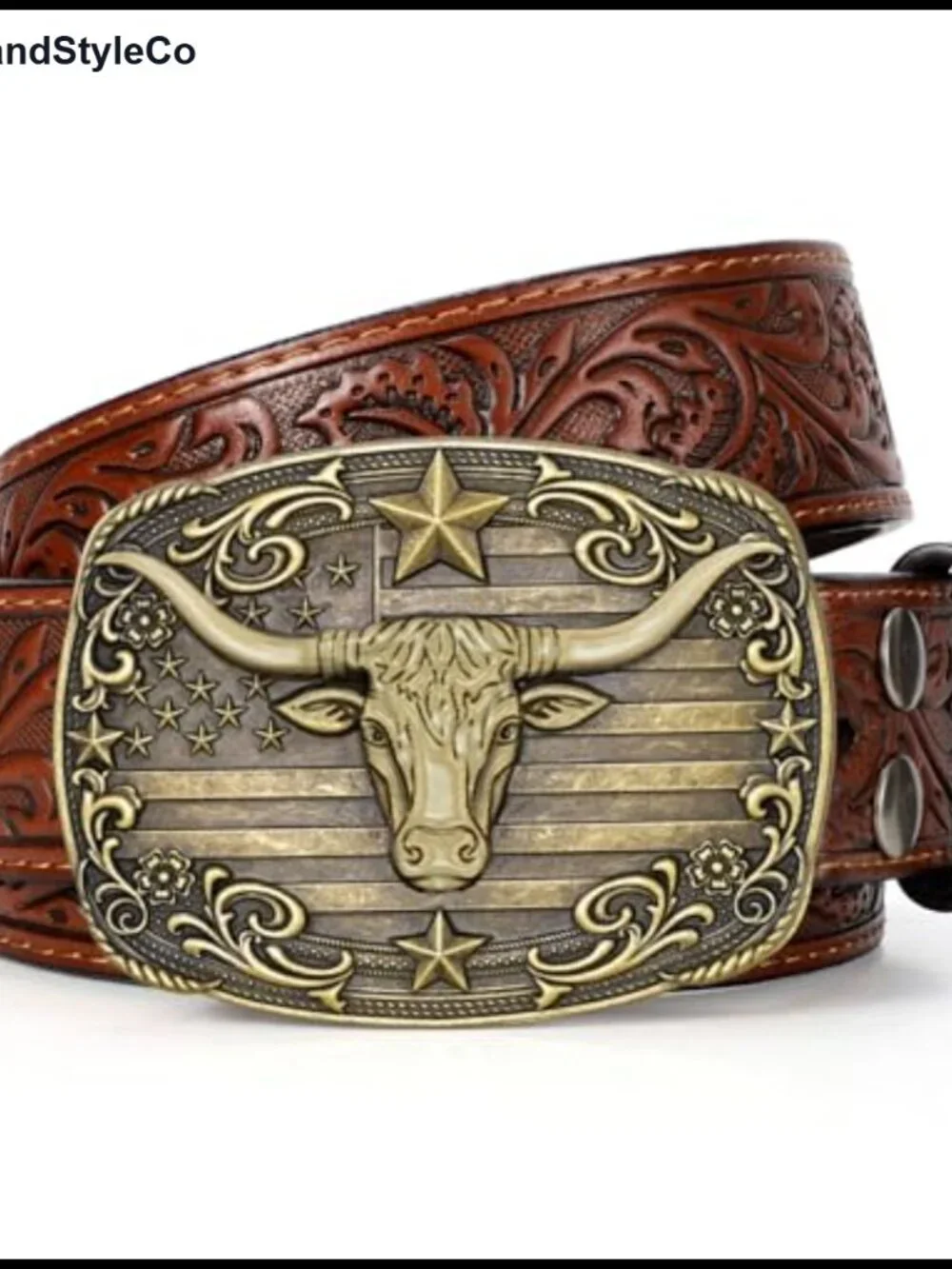 Western Cowboy Belt with Bull Buckle - Leather, Unisex